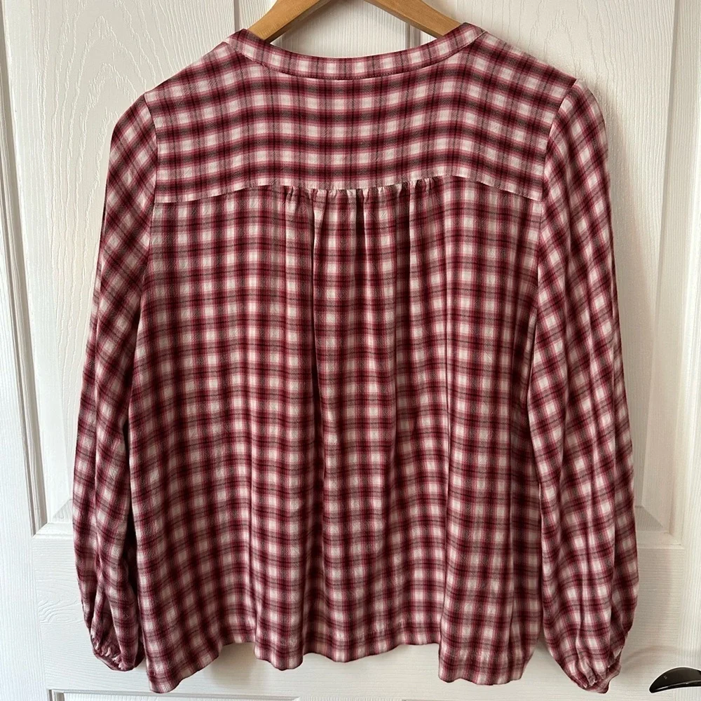 LOFT Burgundy Plaid V-Neck Blouse - Picture 3 of 8